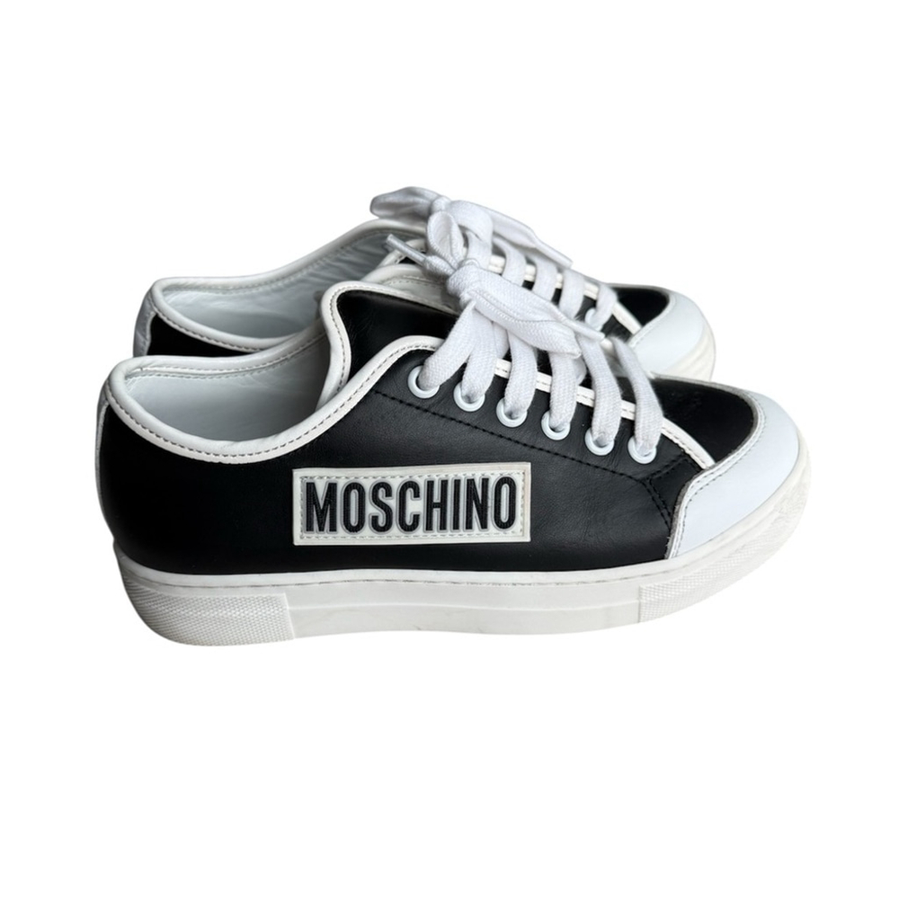Moschino Teen Leather Sneakers Black White Logo Platform | EU 34 / US 3.5Y